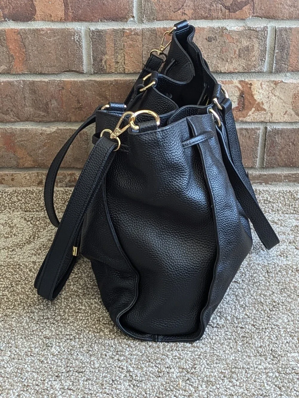 Laggo Taylor Tote Shoulder Bag Black Pebbled Leather Drawstring Satchel Purse